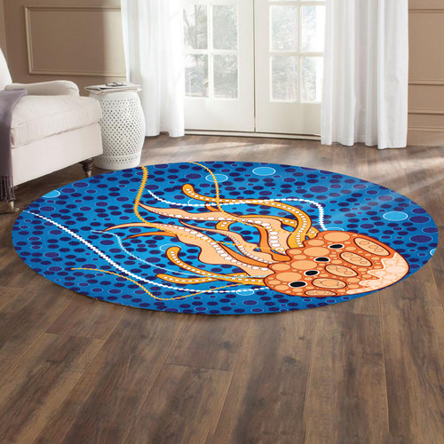 Australia Aboriginal Inspired Round Rug - Aboriginal Art Vector Background Depicting Jellyfish Round Rug Australia Aboriginal Inspired Round Rug - Aboriginal Art Vector Background Depicting Jellyfish Round Rug