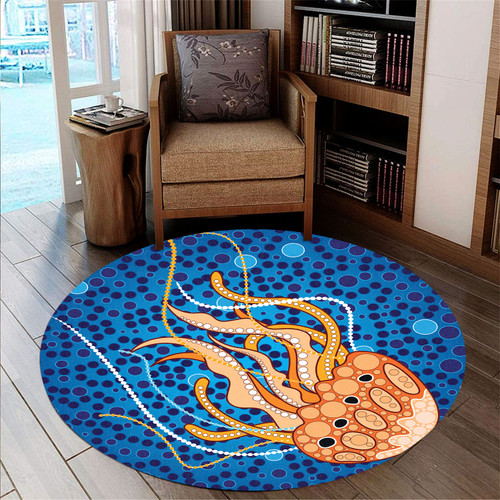 Australia Aboriginal Inspired Round Rug - Aboriginal Art Vector Background Depicting Jellyfish Round Rug Australia Aboriginal Inspired Round Rug - Aboriginal Art Vector Background Depicting Jellyfish Round Rug