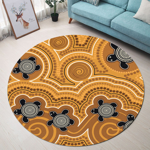 Australia Aboriginal Inspired Round Rug - Aboriginal Dot Art Vector Painting With Turtle Yellow Color Round Rug Australia Aboriginal Inspired Round Rug - Aboriginal Dot Art Vector Painting With Turtle Yellow Color Round Rug