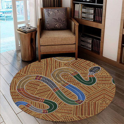 Australia Aboriginal Inspired Round Rug - A Snake Aboriginal Styled Dot Painting Artwork Round Rug Australia Aboriginal Inspired Round Rug - A Snake Aboriginal Styled Dot Painting Artwork Round Rug