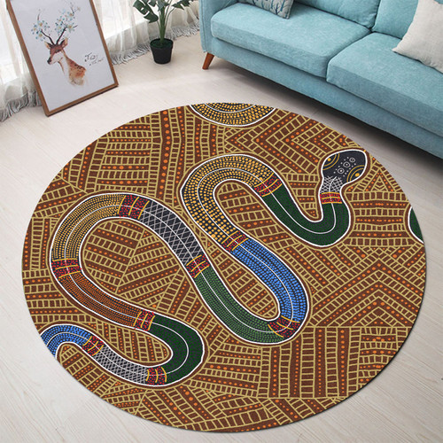 Australia Aboriginal Inspired Round Rug - A Snake Aboriginal Styled Dot Painting Artwork Round Rug Australia Aboriginal Inspired Round Rug - A Snake Aboriginal Styled Dot Painting Artwork Round Rug