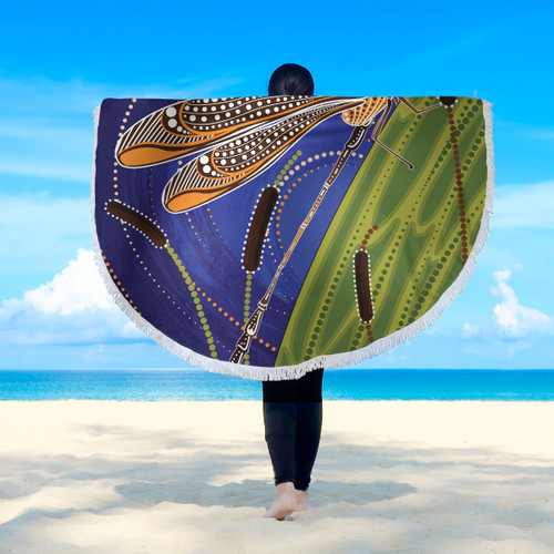 Australia Aboriginal Inspired Beach Blanket - Dragonfly On Cattails Aboriginal Style Art Beach Blanket Australia Aboriginal Inspired Beach Blanket - Dragonfly On Cattails Aboriginal Style Art Beach Blanket