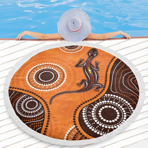 Australia Aboriginal Inspired Beach Blanket - Aboriginal Art Background With Lizard Style Art Beach Blanket