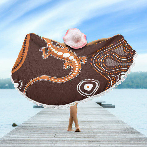 Australia Aboriginal Inspired Beach Blanket - Aboriginal Art Background With Lizard Style Beach Blanket Australia Aboriginal Inspired Beach Blanket - Aboriginal Art Background With Lizard Style Beach Blanket