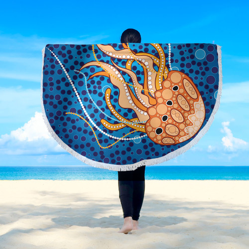 Australia Aboriginal Inspired Beach Blanket - Aboriginal Art Vector Background Depicting Jellyfish Beach Blanket Australia Aboriginal Inspired Beach Blanket - Aboriginal Art Vector Background Depicting Jellyfish Beach Blanket