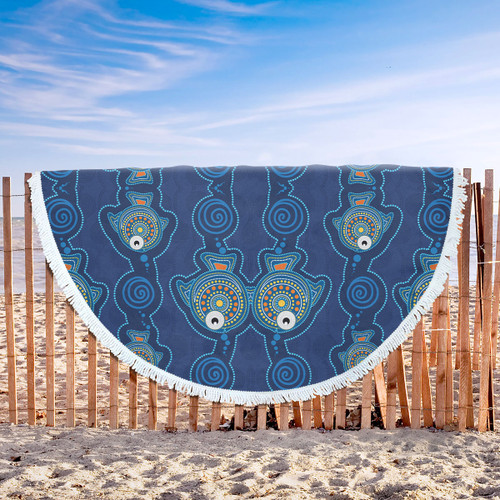 Australia Aboriginal Inspired Beach Blanket - Dot Art Landscape Vector Background With Fish Beach Blanket Australia Aboriginal Inspired Beach Blanket - Dot Art Landscape Vector Background With Fish Beach Blanket