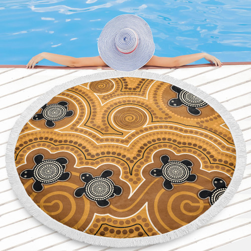 Australia Aboriginal Inspired Beach Blanket - Aboriginal Dot Art Vector Painting With Turtle Yellow Color Beach Blanket