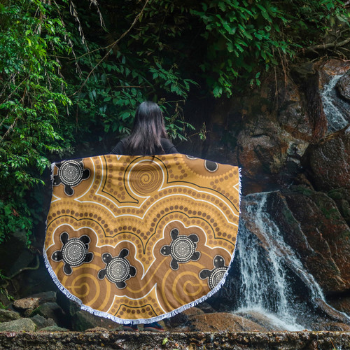 Australia Aboriginal Inspired Beach Blanket - Aboriginal Dot Art Vector Painting With Turtle Yellow Color Beach Blanket Australia Aboriginal Inspired Beach Blanket - Aboriginal Dot Art Vector Painting With Turtle Yellow Color Beach Blanket