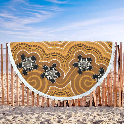 Australia Aboriginal Inspired Beach Blanket - Aboriginal Dot Art Vector Painting With Turtle Yellow Color Beach Blanket Australia Aboriginal Inspired Beach Blanket - Aboriginal Dot Art Vector Painting With Turtle Yellow Color Beach Blanket