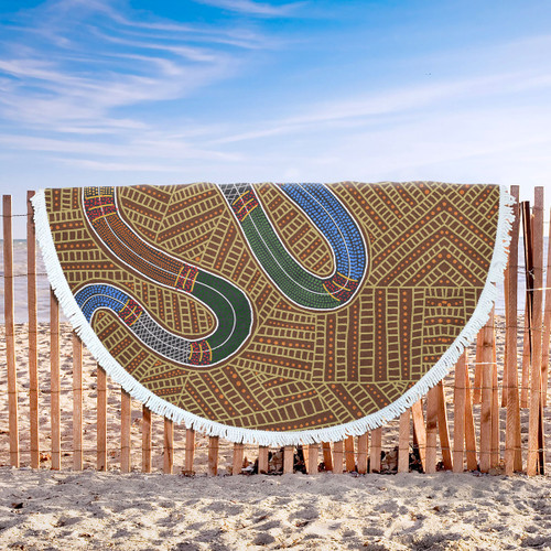 Australia Aboriginal Inspired Beach Blanket - A Snake Aboriginal Styled Dot Painting Artwork Beach Blanket Australia Aboriginal Inspired Beach Blanket - A Snake Aboriginal Styled Dot Painting Artwork Beach Blanket