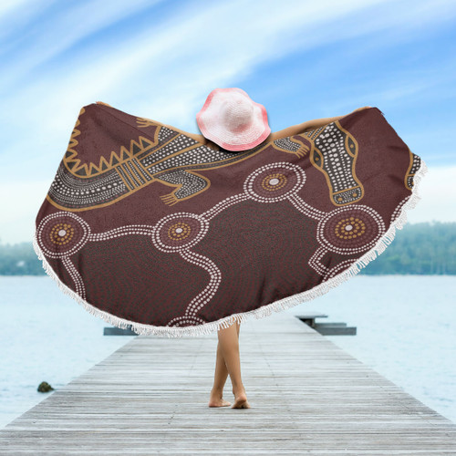 Australia Aboriginal Inspired Beach Blanket -  A Crocodile Aboriginal Styled Dot Painting Artwork Beach Blanket Australia Aboriginal Inspired Beach Blanket -  A Crocodile Aboriginal Styled Dot Painting Artwork Beach Blanket