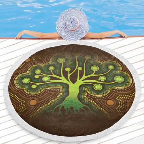 Australia Aboriginal Inspired Beach Blanket - Aboriginal Dot Art Vector Painting With Tree Beach Blanket