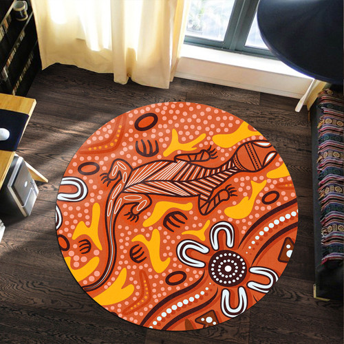 Australia Aboriginal Inspired Round Rug - Orange Lizard Aboriginal Inspired Dot Painting Style Round Rug