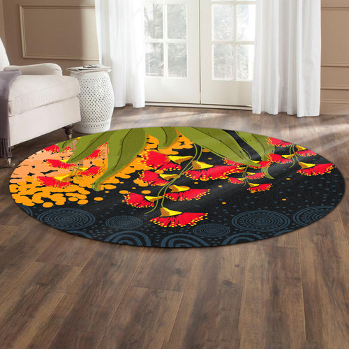 Australia Aboriginal Inspired Round Rug - Red Bottle Flower Aboriginal Inspired Dot Painting Style Round Rug