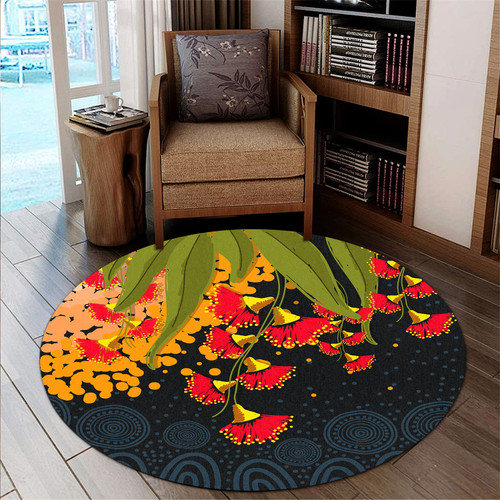 Australia Aboriginal Inspired Round Rug - Red Bottle Flower Aboriginal Inspired Dot Painting Style Round Rug