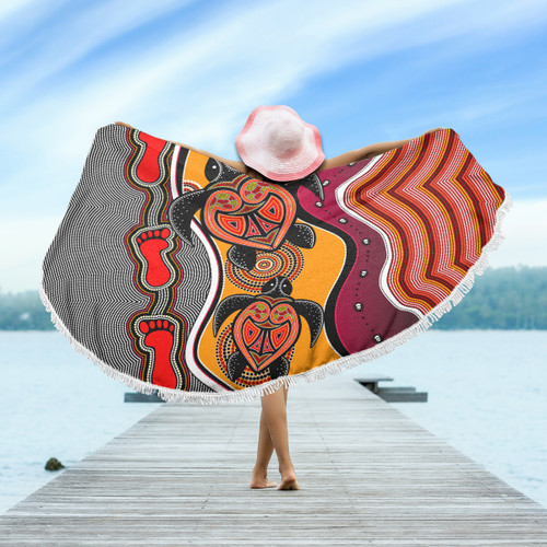 Australia Aboriginal Inspired Beach Blanket - Turtle And Foot Print Aboiginal Inspired Dot Painting Style Beach Blanket Australia Aboriginal Inspired Beach Blanket - Turtle And Foot Print Aboiginal Inspired Dot Painting Style Beach Blanket