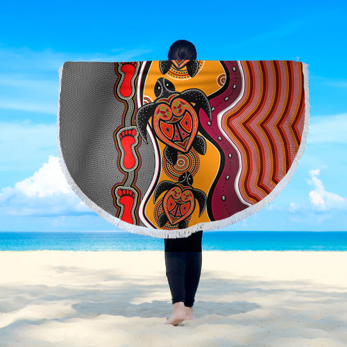Australia Aboriginal Inspired Beach Blanket - Turtle And Foot Print Aboiginal Inspired Dot Painting Style Beach Blanket Australia Aboriginal Inspired Beach Blanket - Turtle And Foot Print Aboiginal Inspired Dot Painting Style Beach Blanket