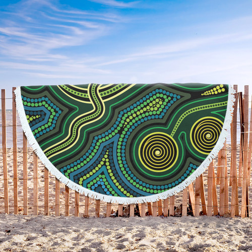 Australia Aboriginal Inspired Beach Blanket - Green Circle Aboiginal Inspired Dot Painting Style Beach Blanket Australia Aboriginal Inspired Beach Blanket - Green Circle Aboiginal Inspired Dot Painting Style Beach Blanket