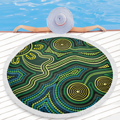 Australia Aboriginal Inspired Beach Blanket - Green Circle Aboiginal Inspired Dot Painting Style Beach Blanket