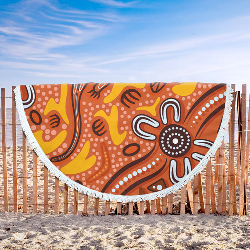 Australia Aboriginal Inspired Beach Blanket - Orange Lizard Aboriginal Inspired Dot Painting Style Beach Blanket Australia Aboriginal Inspired Beach Blanket - Orange Lizard Aboriginal Inspired Dot Painting Style Beach Blanket