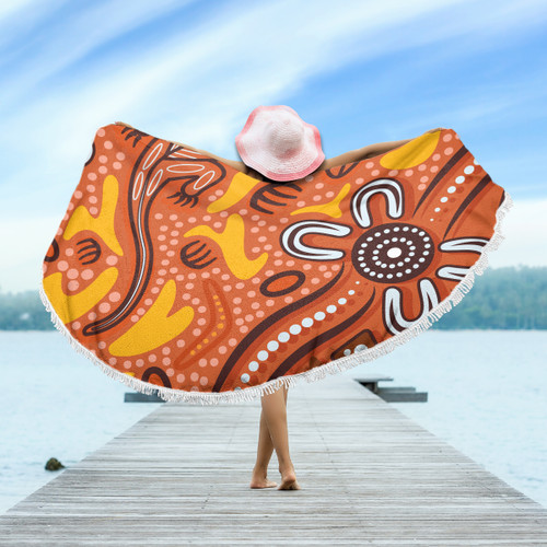Australia Aboriginal Inspired Beach Blanket - Orange Lizard Aboriginal Inspired Dot Painting Style Beach Blanket Australia Aboriginal Inspired Beach Blanket - Orange Lizard Aboriginal Inspired Dot Painting Style Beach Blanket