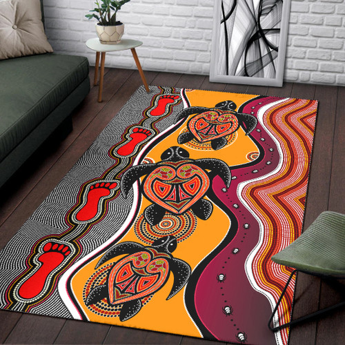Australia Aboriginal Inspired Area Rug - Turtle And Foot Print Aboriginal Inspired Dot Painting Style