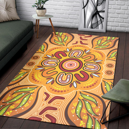 Australia Aboriginal Inspired Area Rug - Aboriginal Art Background With Wattle Leaf