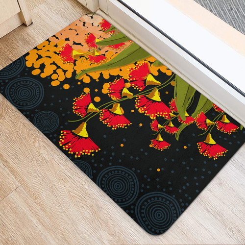 Australia Aboriginal Inspired Door Mat - Red Bottle Flower Aboriginal Inspired Dot Painting Style Door Mat