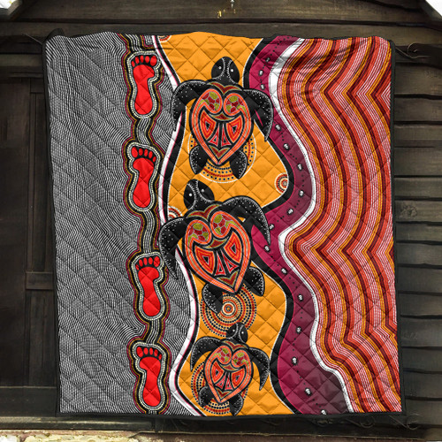 Australia Aboriginal Inspired Quilt - Turtle And Foot Print Aboiginal Inspired Dot Painting Style Australia Aboriginal Inspired Quilt - Turtle And Foot Print Aboiginal Inspired Dot Painting Style