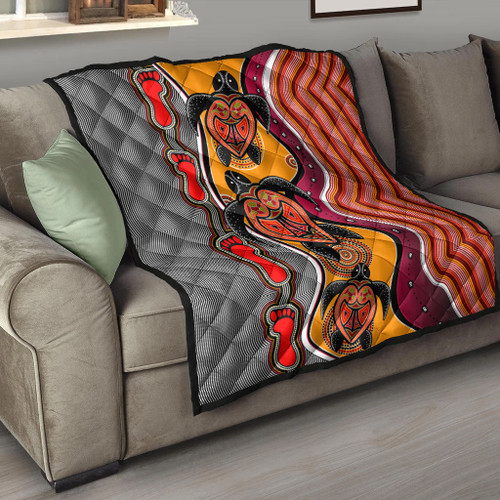 Australia Aboriginal Inspired Quilt - Turtle And Foot Print Aboiginal Inspired Dot Painting Style Australia Aboriginal Inspired Quilt - Turtle And Foot Print Aboiginal Inspired Dot Painting Style
