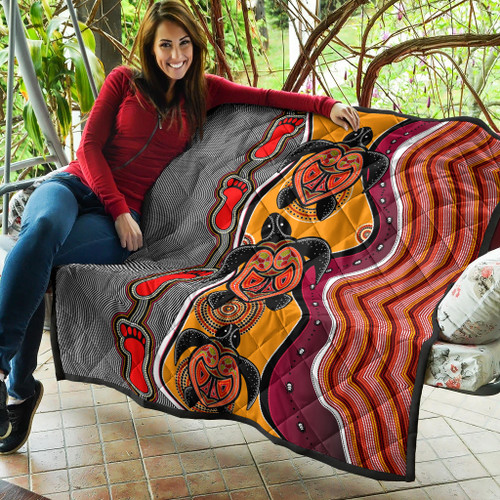 Australia Aboriginal Inspired Quilt - Turtle And Foot Print Aboiginal Inspired Dot Painting Style Australia Aboriginal Inspired Quilt - Turtle And Foot Print Aboiginal Inspired Dot Painting Style