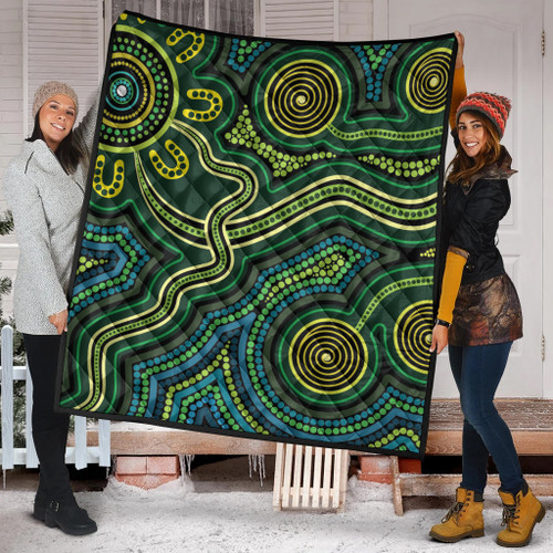 Australia Aboriginal Inspired Quilt - Green Circle Aboiginal Inspired Dot Painting Style