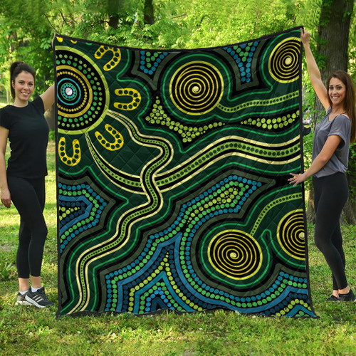 Australia Aboriginal Inspired Quilt - Green Circle Aboiginal Inspired Dot Painting Style