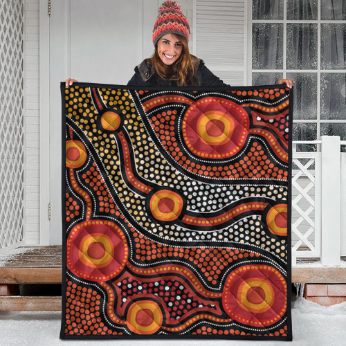 Australia Aboriginal Inspired Quilt - Orange Aboiginal Inspired Dot Painting Style Australia Aboriginal Inspired Quilt - Orange Aboiginal Inspired Dot Painting Style