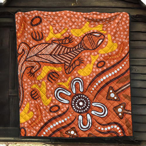 Australia Aboriginal Inspired Quilt - Orange Lizard Aboriginal Inspired Dot Painting Style Australia Aboriginal Inspired Quilt - Orange Lizard Aboriginal Inspired Dot Painting Style
