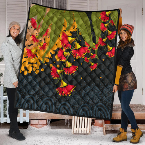Australia Aboriginal Inspired Quilt - Red Bottle Flower Aboriginal Inspired Dot Painting Style Australia Aboriginal Inspired Quilt - Red Bottle Flower Aboriginal Inspired Dot Painting Style