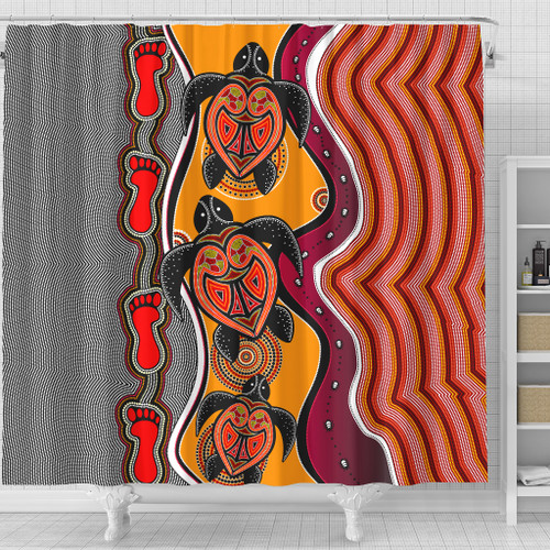 Australia Aboriginal Inspired Shower Curtain - Turtle And Foot Print Aboiginal Inspired Dot Painting Style