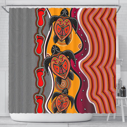 Australia Aboriginal Inspired Shower Curtain - Turtle And Foot Print Aboiginal Inspired Dot Painting Style Australia Aboriginal Inspired Shower Curtain - Turtle And Foot Print Aboiginal Inspired Dot Painting Style