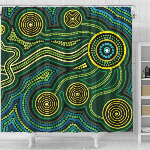 Australia Aboriginal Inspired Shower Curtain - Green Circle Aboiginal Inspired Dot Painting Style