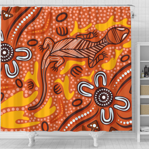 Australia Aboriginal Inspired Shower Curtain - Orange Lizard Aboriginal Inspired Dot Painting Style