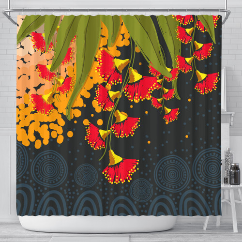 Australia Aboriginal Inspired Shower Curtain - Red Bottle Flower Aboriginal Inspired Dot Painting Style