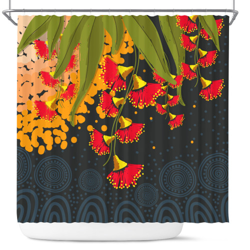 Australia Aboriginal Inspired Shower Curtain - Red Bottle Flower Aboriginal Inspired Dot Painting Style