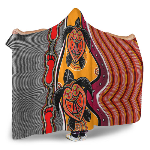 Australia Aboriginal Inspired Hooded Blanket - Turtle And Foot Print Aboiginal Inspired Dot Painting Style Australia Aboriginal Inspired Hooded Blanket - Turtle And Foot Print Aboiginal Inspired Dot Painting Style