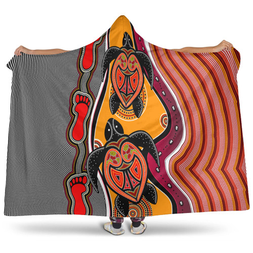 Australia Aboriginal Inspired Hooded Blanket - Turtle And Foot Print Aboiginal Inspired Dot Painting Style