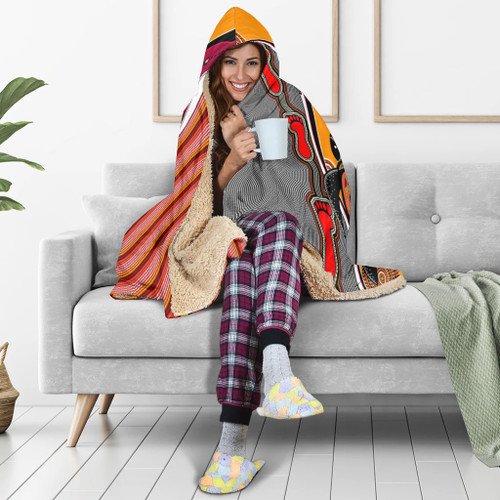 Australia Aboriginal Inspired Hooded Blanket - Turtle And Foot Print Aboiginal Inspired Dot Painting Style Australia Aboriginal Inspired Hooded Blanket - Turtle And Foot Print Aboiginal Inspired Dot Painting Style