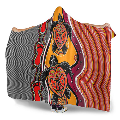 Australia Aboriginal Inspired Hooded Blanket - Turtle And Foot Print Aboiginal Inspired Dot Painting Style Australia Aboriginal Inspired Hooded Blanket - Turtle And Foot Print Aboiginal Inspired Dot Painting Style