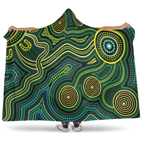 Australia Aboriginal Inspired Hooded Blanket - Green Circle Aboiginal Inspired Dot Painting Style