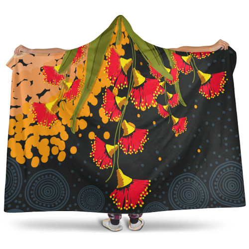 Australia Aboriginal Inspired Hooded Blanket - Red Bottle Flower Aboriginal Inspired Dot Painting Style