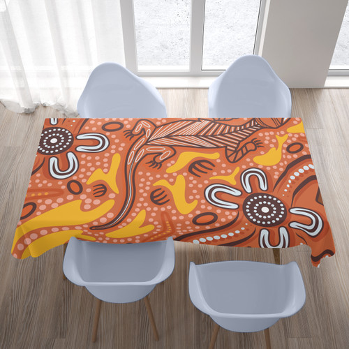 Australia Aboriginal Inspired Tablecloth - Orange Lizard Aboriginal Inspired Dot Painting Style