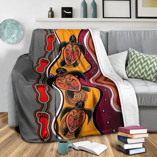 Australia Aboriginal Inspired Blanket - Turtle And Foot Print Aboiginal Inspired Dot Painting Style Australia Aboriginal Inspired Blanket - Turtle And Foot Print Aboiginal Inspired Dot Painting Style